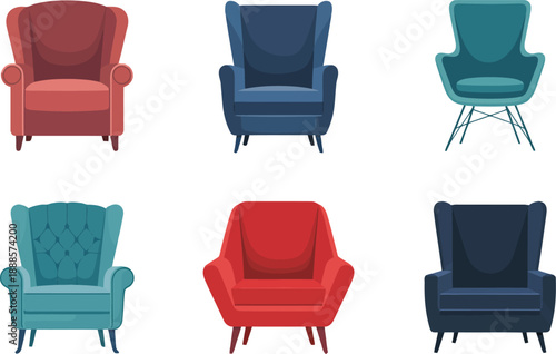 An assortment of six colorful armchairs displaying distinct styles and shapes for comfortable home seating