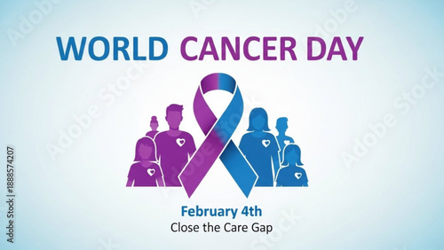 World cancer day awareness poster with purple and blue ribbon and doctors february 4th close the care gap