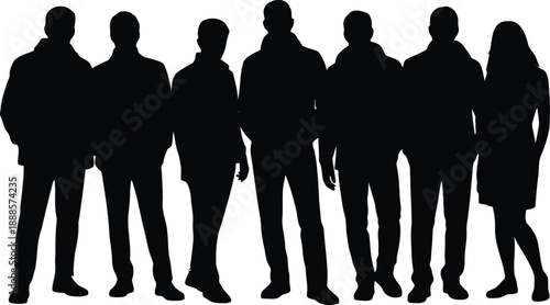 An assorted gathering of men and women depicted as dark silhouettes standing in a line on a white background
