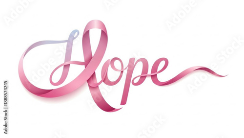 Pink ribbon forming the word 'hope' on white background symbolizing breast cancer awareness and support