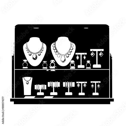 Cartoon jewelry shop showcase flat vector illustration with golden accessories