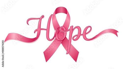 Pink ribbon with hope text for breast cancer awareness campaign on white background