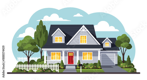 Cozy suburban single-family house with porch and garden, modern flat vector illustration showing residential architecture, peaceful neighborhood, and comfortable lifestyle living