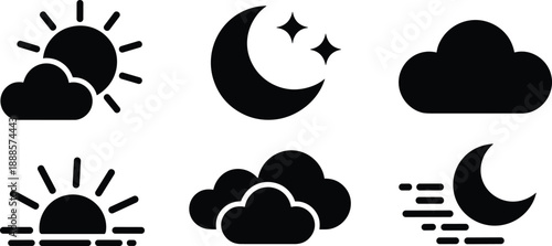 Weather icon silhouette vector set, sun moon cloud symbols collection, day night forecast design, black minimal flat illustration elements