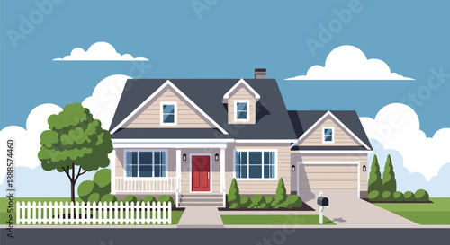 Cozy suburban single-family house with porch and garden, modern flat vector illustration showing residential architecture, peaceful neighborhood, and comfortable lifestyle living