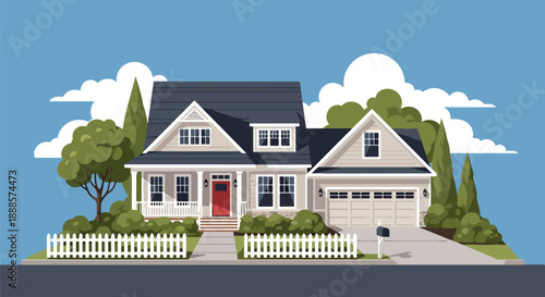 Cozy suburban single-family house with porch and garden, modern flat vector illustration showing residential architecture, peaceful neighborhood, and comfortable lifestyle living