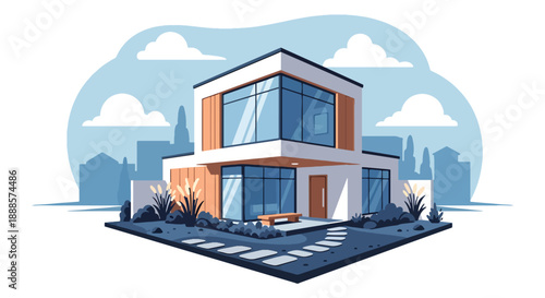 Minimalist cube house with flat roof and courtyard, modern flat vector illustration highlighting contemporary architecture and stylish urban residential design
