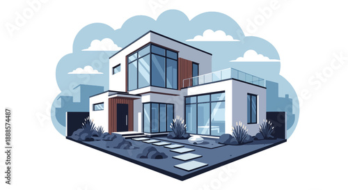 Minimalist cube house with flat roof and courtyard, modern flat vector illustration highlighting contemporary architecture and stylish urban residential design
