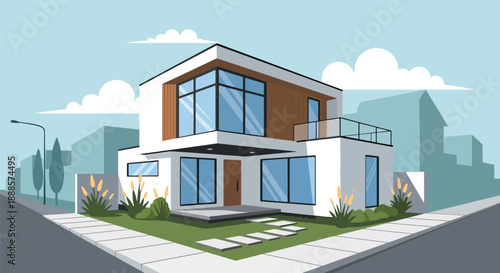 Minimalist cube house with flat roof and courtyard, modern flat vector illustration highlighting contemporary architecture and stylish urban residential design