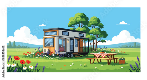 Compact tiny house on wheels in a green meadow, flat vector illustration promoting minimalist living and mobile home architecture lifestyle