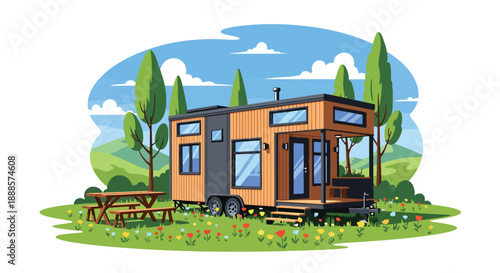 Compact tiny house on wheels in a green meadow, flat vector illustration promoting minimalist living and mobile home architecture lifestyle