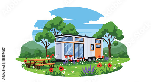 Compact tiny house on wheels in a green meadow, flat vector illustration promoting minimalist living and mobile home architecture lifestyle