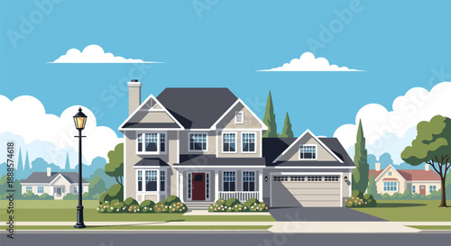 Classic two-story family house with garden and garage, modern flat vector style showing suburban architecture and comfortable residential lifestyle