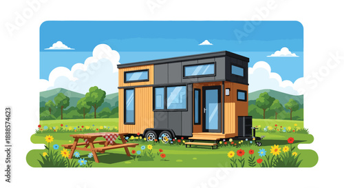 Compact tiny house on wheels in a green meadow, flat vector illustration promoting minimalist living and mobile home architecture lifestyle