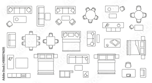Collection of architectural floor plan drawings of furniture and rooms.