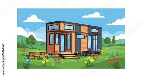 Compact tiny house on wheels in a green meadow, flat vector illustration promoting minimalist living and mobile home architecture lifestyle