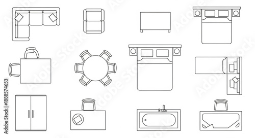 Collection of architectural floor plan drawings of furniture and rooms.