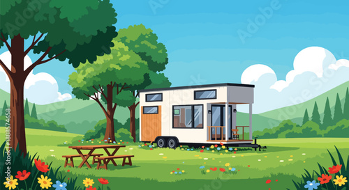 Compact tiny house on wheels in a green meadow, flat vector illustration promoting minimalist living and mobile home architecture lifestyle