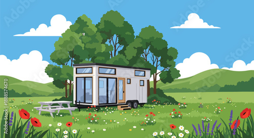 Compact tiny house on wheels in a green meadow, flat vector illustration promoting minimalist living and mobile home architecture lifestyle