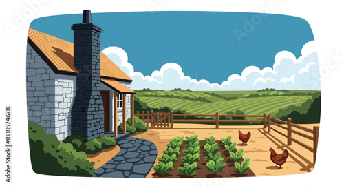 Rustic countryside cottage with garden and farmland, modern flat vector illustration showing traditional rural architecture and peaceful living