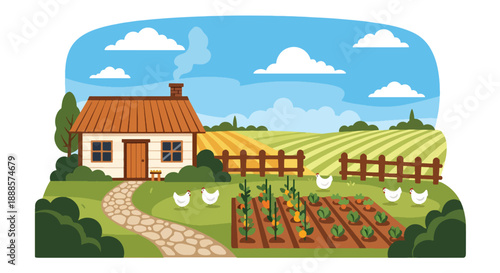 Rustic countryside cottage with garden and farmland, modern flat vector illustration showing traditional rural architecture and peaceful living