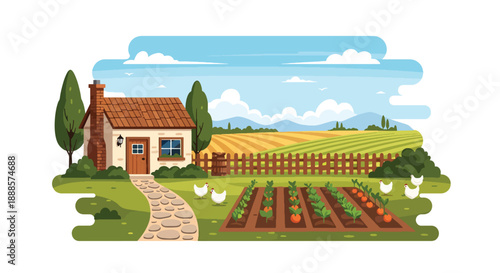 Rustic countryside cottage with garden and farmland, modern flat vector illustration showing traditional rural architecture and peaceful living