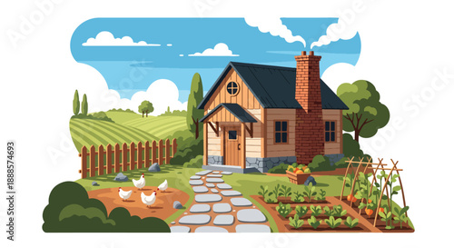 Rustic countryside cottage with garden and farmland, modern flat vector illustration showing traditional rural architecture and peaceful living