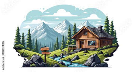 Wooden mountain cabin surrounded by pine trees and rocky landscape, modern flat vector style showing alpine architecture and nature living