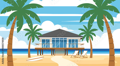 Tropical beach house with palm trees and ocean view, flat vector illustration showcasing coastal architecture and relaxed seaside lifestyle