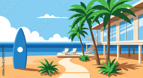 Tropical beach house with palm trees and ocean view, flat vector illustration showcasing coastal architecture and relaxed seaside lifestyle