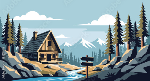 Wooden mountain cabin surrounded by pine trees and rocky landscape, modern flat vector style showing alpine architecture and nature living