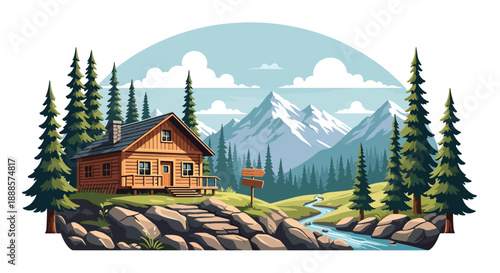Wooden mountain cabin surrounded by pine trees and rocky landscape, modern flat vector style showing alpine architecture and nature living