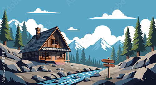 Wooden mountain cabin surrounded by pine trees and rocky landscape, modern flat vector style showing alpine architecture and nature living