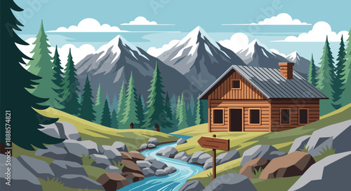 Wooden mountain cabin surrounded by pine trees and rocky landscape, modern flat vector style showing alpine architecture and nature living