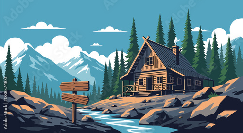 Wooden mountain cabin surrounded by pine trees and rocky landscape, modern flat vector style showing alpine architecture and nature living