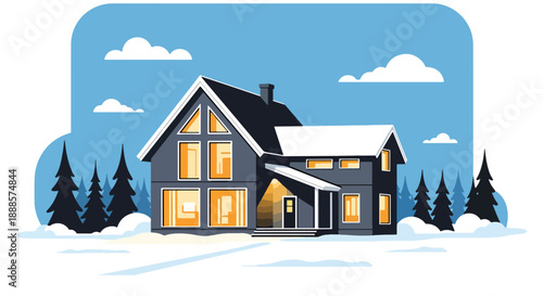 Scandinavian-style house in snowy neighborhood, modern flat vector illustration highlighting Nordic architecture and winter residential lifestyle