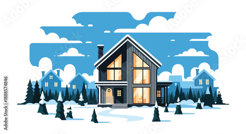 Scandinavian-style house in snowy neighborhood, modern flat vector illustration highlighting Nordic architecture and winter residential lifestyle