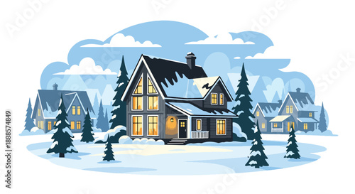Scandinavian-style house in snowy neighborhood, modern flat vector illustration highlighting Nordic architecture and winter residential lifestyle