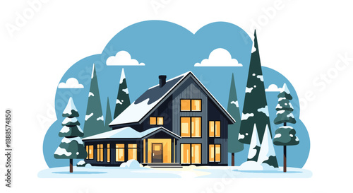 Scandinavian-style house in snowy neighborhood, modern flat vector illustration highlighting Nordic architecture and winter residential lifestyle