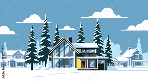 Scandinavian-style house in snowy neighborhood, modern flat vector illustration highlighting Nordic architecture and winter residential lifestyle