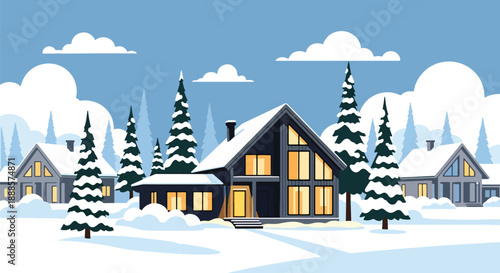 Scandinavian-style house in snowy neighborhood, modern flat vector illustration highlighting Nordic architecture and winter residential lifestyle
