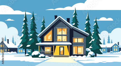Scandinavian-style house in snowy neighborhood, modern flat vector illustration highlighting Nordic architecture and winter residential lifestyle