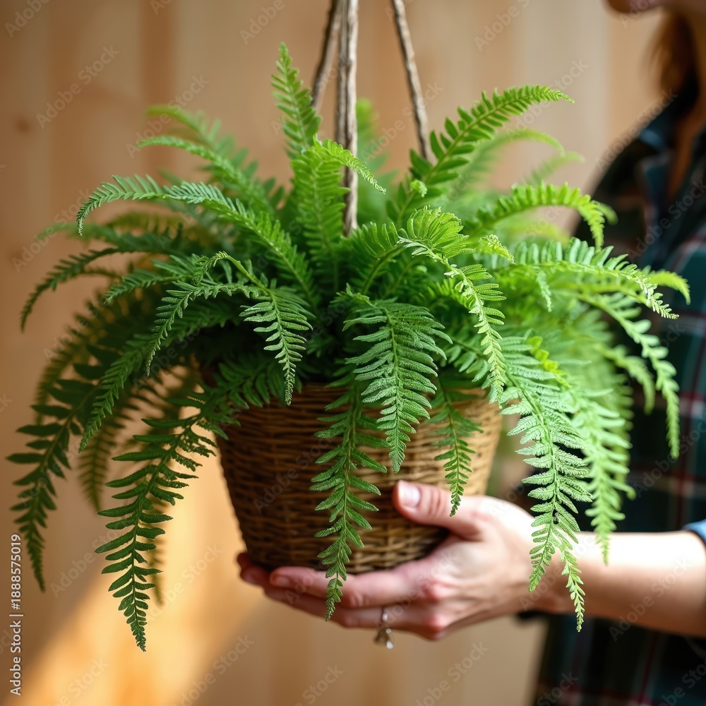 Obraz premium Woman holds lush green Boston fern plant in woven basket. Leaves cascade gracefully, adding natural beauty to indoor space. Plant is healthy vibrant, perfect for home decor.