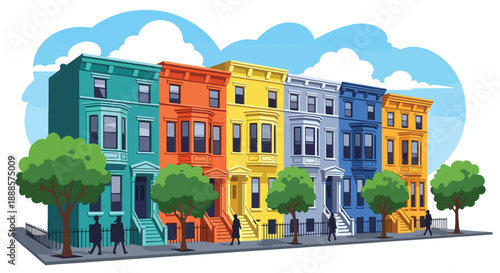 Row of colorful townhouses with bay windows, modern flat vector style highlighting vibrant urban residential architecture
