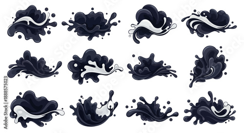 Collection of abstract black liquid splashes and swirls.