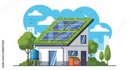Eco-friendly house with solar panels and green roof, flat vector illustration showing sustainable architecture and modern living