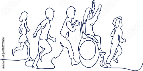 Diverse Group of Happy Children Including a Girl in a Wheelchair Running Together Outdoors, Inclusion Concept Illustration
