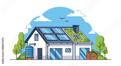 Eco-friendly house with solar panels and green roof, flat vector illustration showing sustainable architecture and modern living