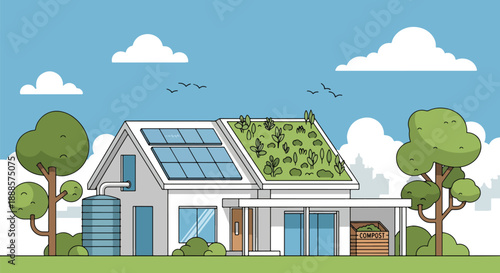 Eco-friendly house with solar panels and green roof, flat vector illustration showing sustainable architecture and modern living