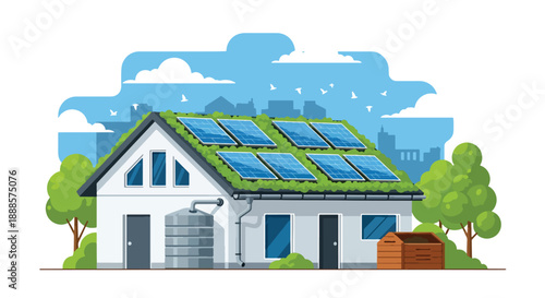 Eco-friendly house with solar panels and green roof, flat vector illustration showing sustainable architecture and modern living